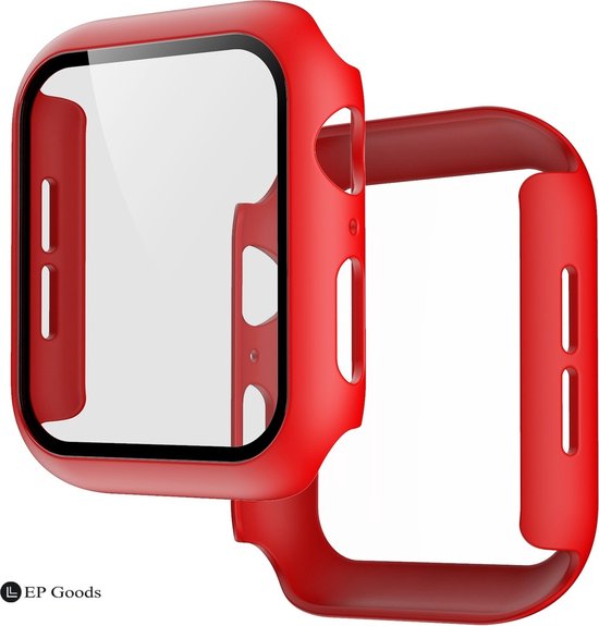 EP Goods - Full Cover Tempered Glass Screen Protector Cover/Hoesje Voor Apple Watch Series 4/5/6/SE 44mm - Hard - Protection - Rood