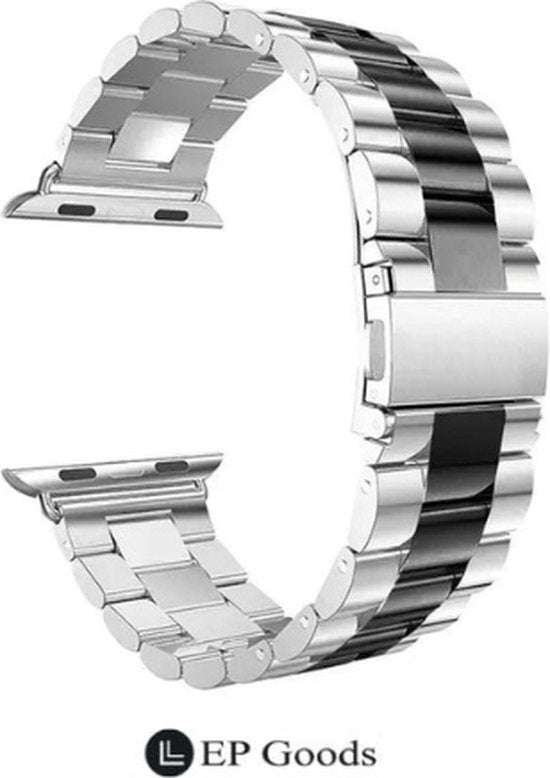 EP Goods - Bandje Geschikt voor Apple Watch - 38/40/41mm - Roestvrij Staal - Met Schakel/Druksluiting - Zwart/Zilver