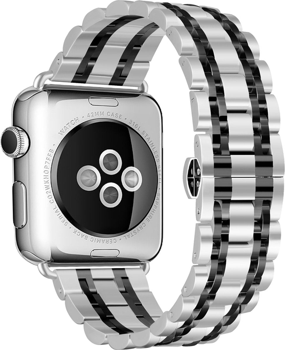 EP Goods - Bandje Geschikt voor Apple Watch - 38/40/41mm - Roestvrij Staal - Met Schakel/Druksluiting - Zilver/Zwart