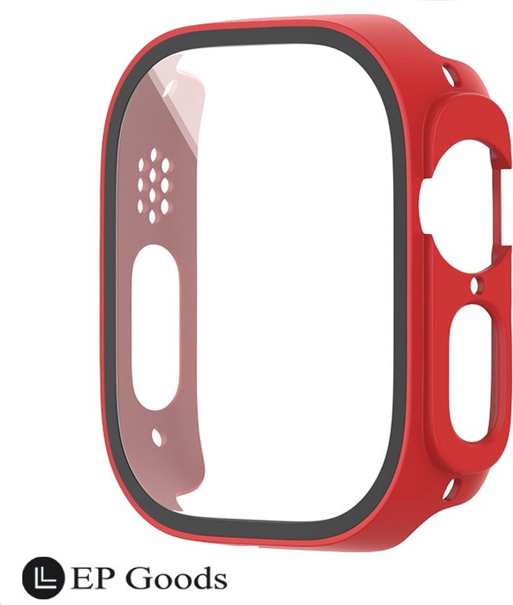 EP Goods - Full Cover Tempered Glass Screen Protector Cover/Hoesje Voor Apple Watch Ultra en Ultra 2 - 49mm - Hard - Protection - Rood