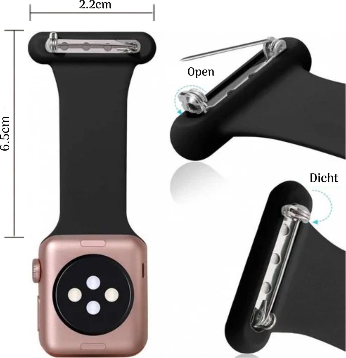 EP Goods - Verpleegkundige band - Zorg Horlogebandje - Hangende Band - Geschikt voor Apple Watch - 42/44/45/49mm - Siliconen - Zwart