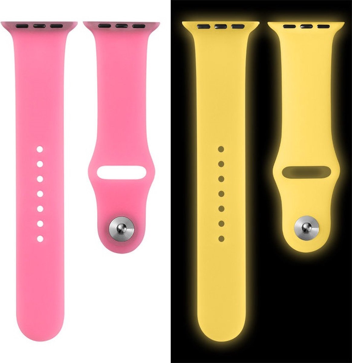 EP Goods - Bandje Geschikt voor Apple Watch - 38/40/41mm - Siliconen - Glow in the Dark - Druksluiting - Roze/Geel