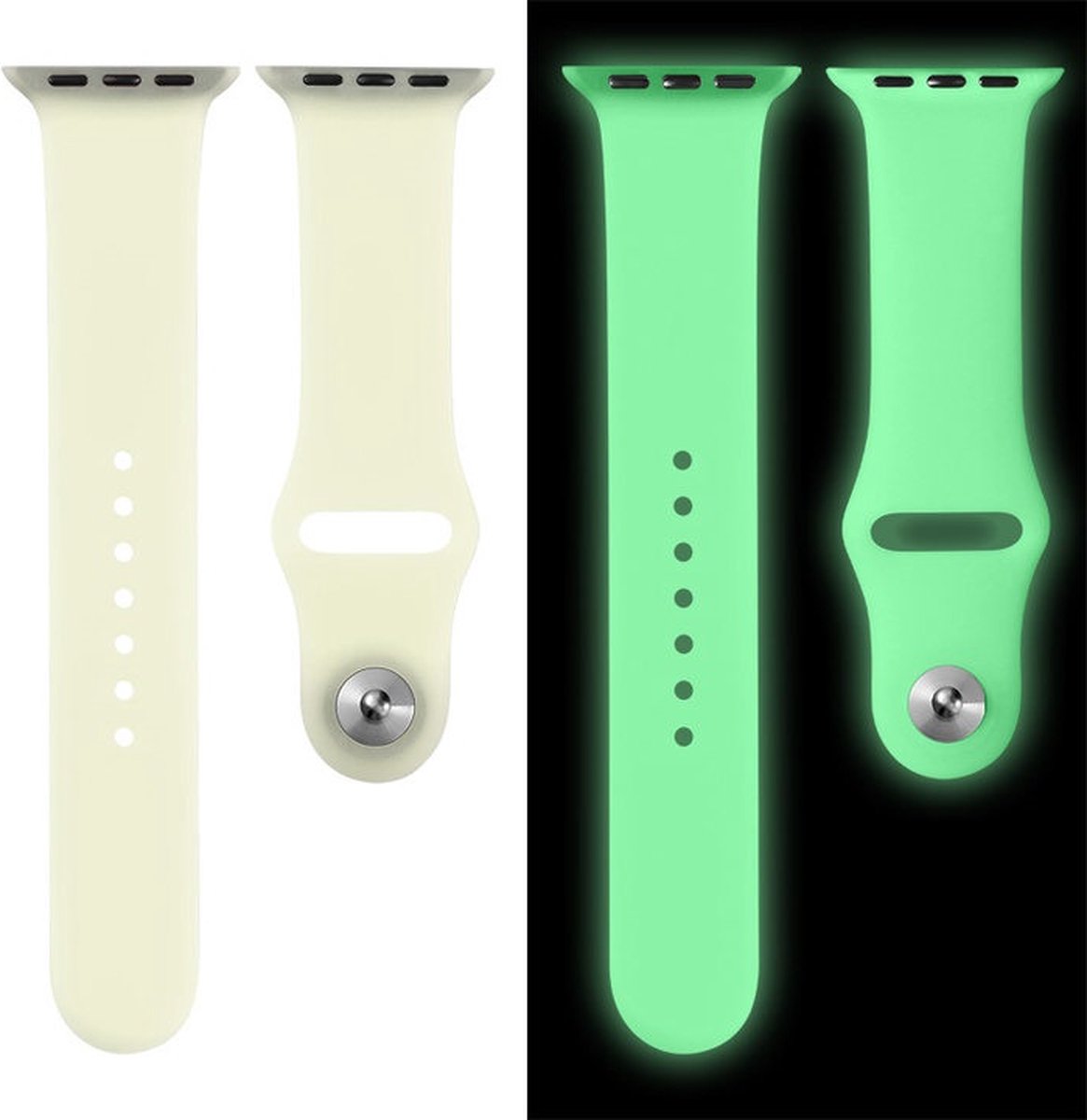 EP Goods - Bandje Geschikt voor Apple Watch - 38/40/41mm - Siliconen - Glow in the Dark - Druksluiting - Wit/Aquagroen