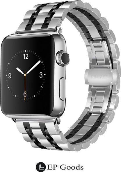 EP Goods - Bandje Geschikt voor Apple Watch - 38/40/41mm - Roestvrij Staal - Met Schakel/Druksluiting - Zilver/Zwart
